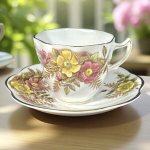 VTG Rosina Bone China Pink Yellow Floral Teacup & Saucer Set Gold Trim England‎